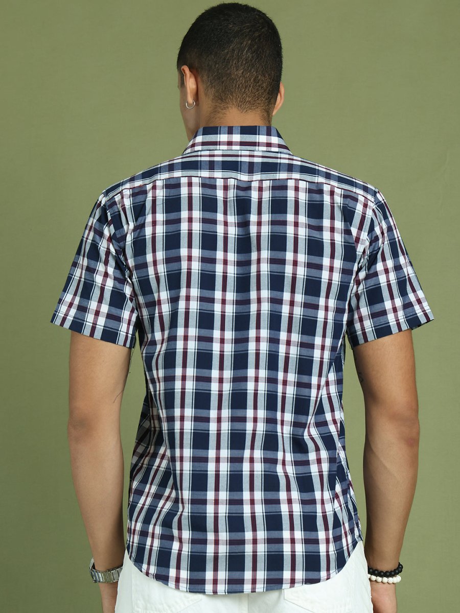 Indian Needle Men's Cotton Checked Half Sleeve Formal Shirts - SF_808Navy_S