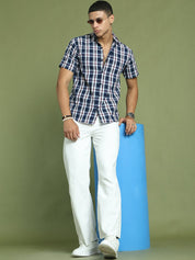 Indian Needle Men's Cotton Checked Half Sleeve Formal Shirts - SF_808Navy_S