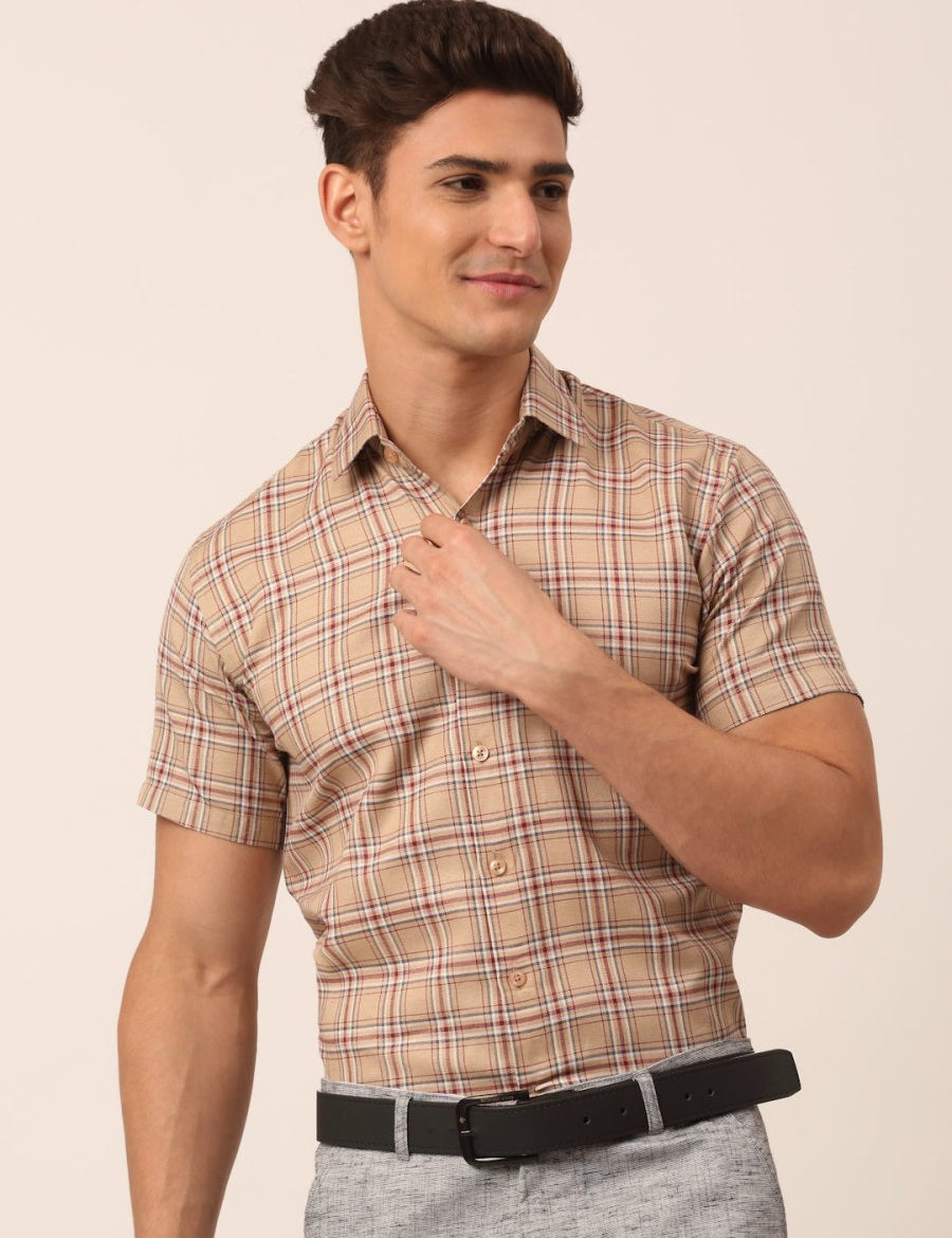Indian Needle Men's Cotton Checked Half Sleeve Formal Shirts - SF_815Brown_S