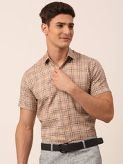 Indian Needle Men's Cotton Checked Half Sleeve Formal Shirts - SF_815Brown_S