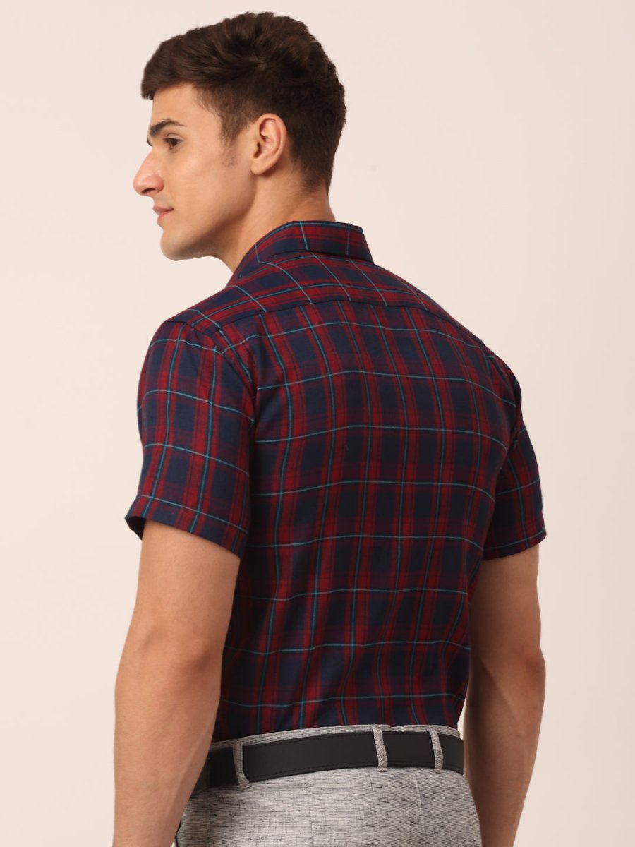 Indian Needle Men's Cotton Checked Half Sleeve Formal Shirts - SF_818Red-Blue_S