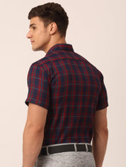Indian Needle Men's Cotton Checked Half Sleeve Formal Shirts - SF_818Red-Blue_S