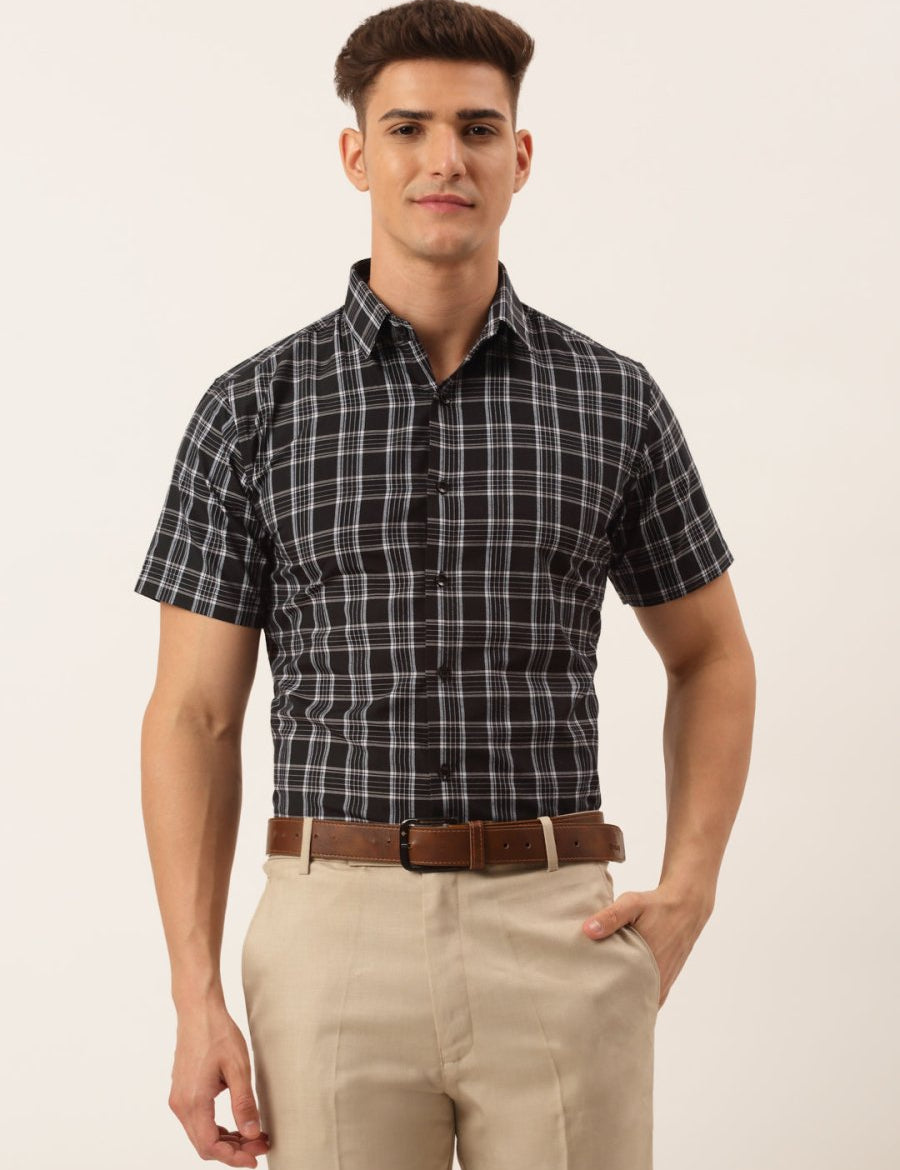 Indian Needle Men's Cotton Checked Half Sleeve Formal Shirts - SF_808Black_S