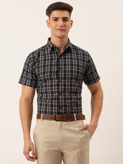 Indian Needle Men's Cotton Checked Half Sleeve Formal Shirts - SF_808Black_S