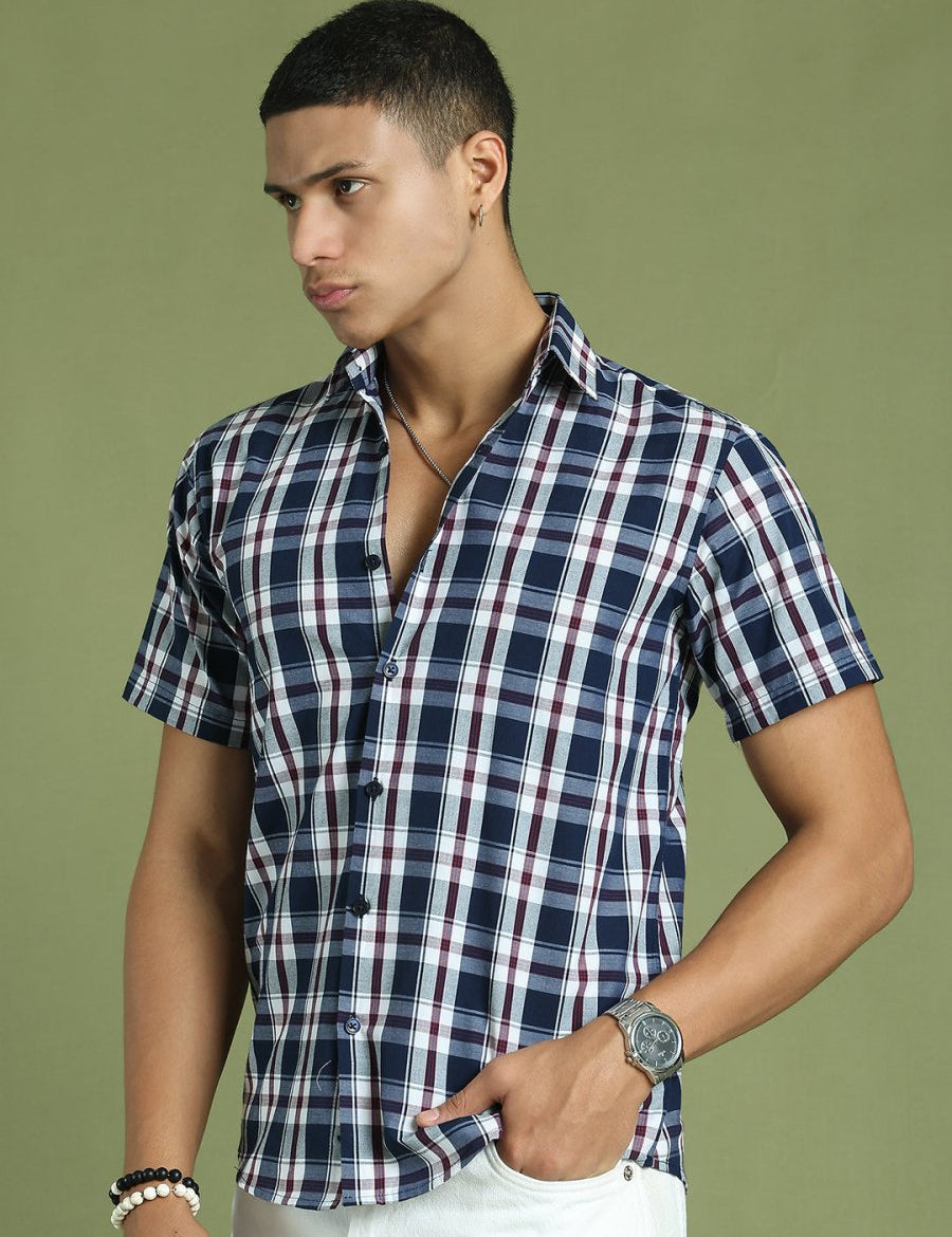 Indian Needle Men's Cotton Checked Half Sleeve Formal Shirts - SF_808Navy_S
