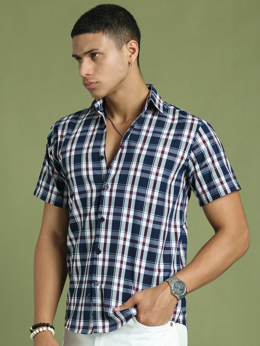 Indian Needle Men's Cotton Checked Half Sleeve Formal Shirts - SF_808Navy_S