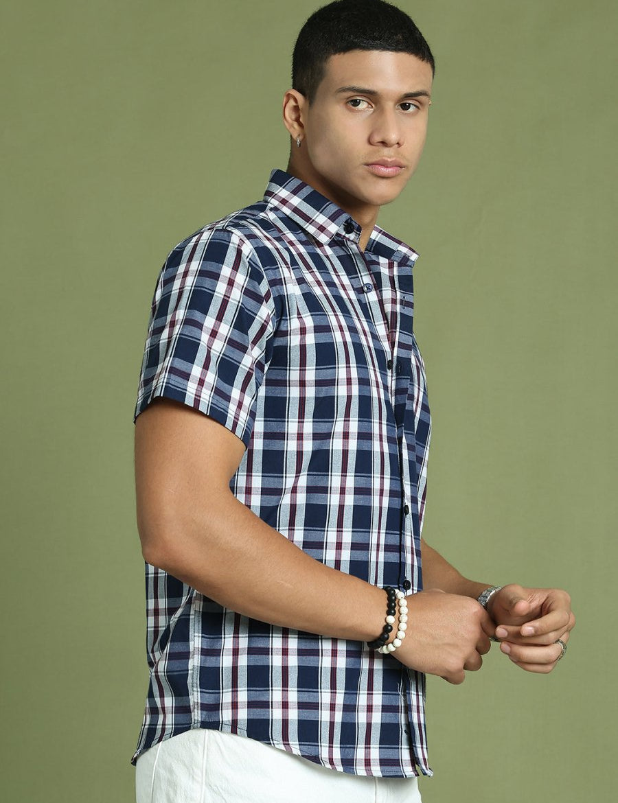 Indian Needle Men's Cotton Checked Half Sleeve Formal Shirts - SF_808Navy_S