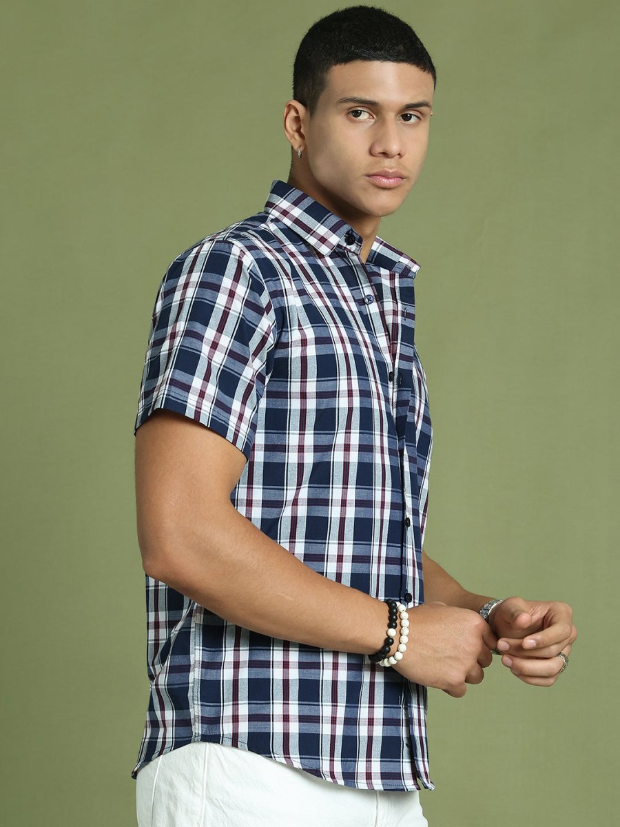 Indian Needle Men's Cotton Checked Half Sleeve Formal Shirts - SF_808Navy_S