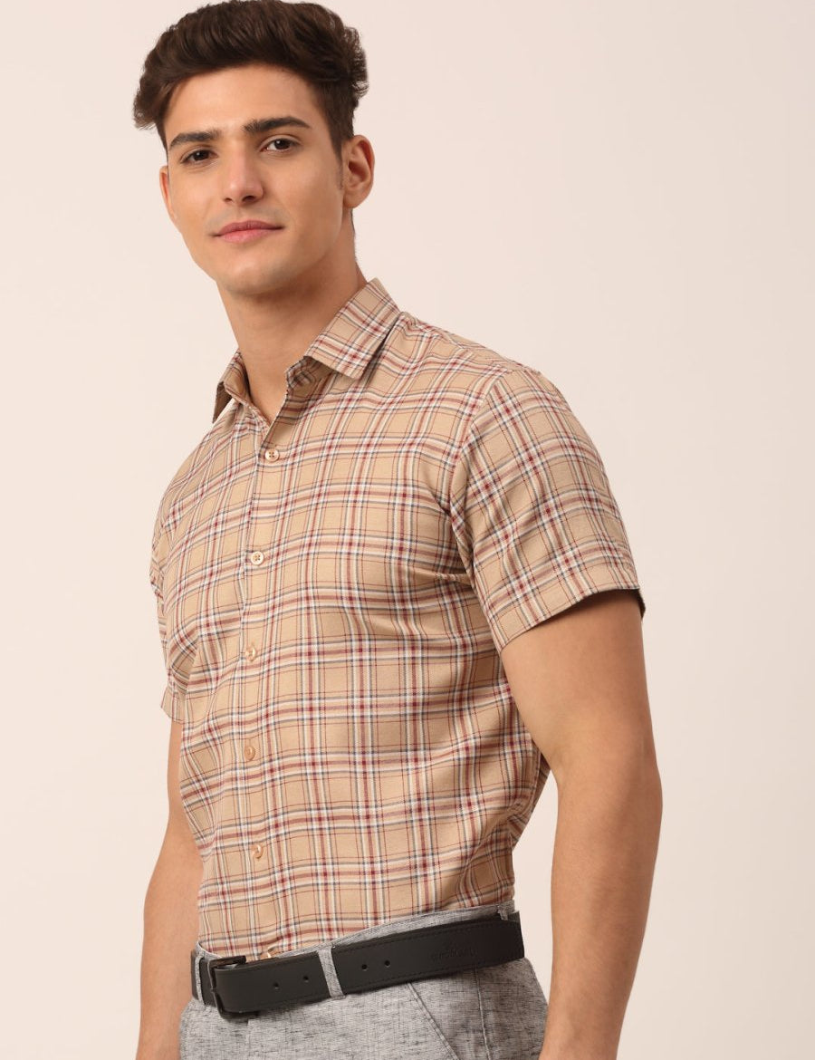 Indian Needle Men's Cotton Checked Half Sleeve Formal Shirts - SF_815Brown_S