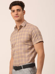Indian Needle Men's Cotton Checked Half Sleeve Formal Shirts - SF_815Brown_S