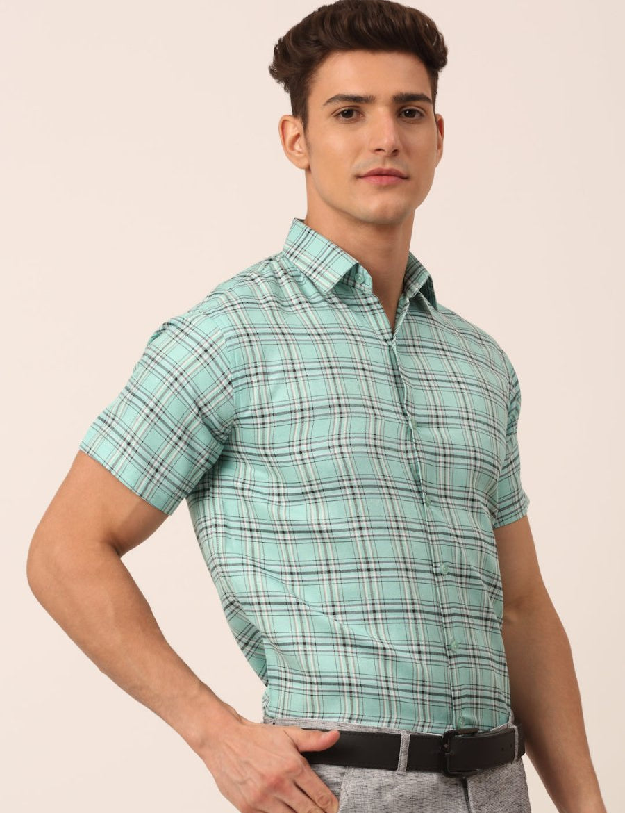 Indian Needle Men's Cotton Checked Half Sleeve Formal Shirts - SF_815Green_S