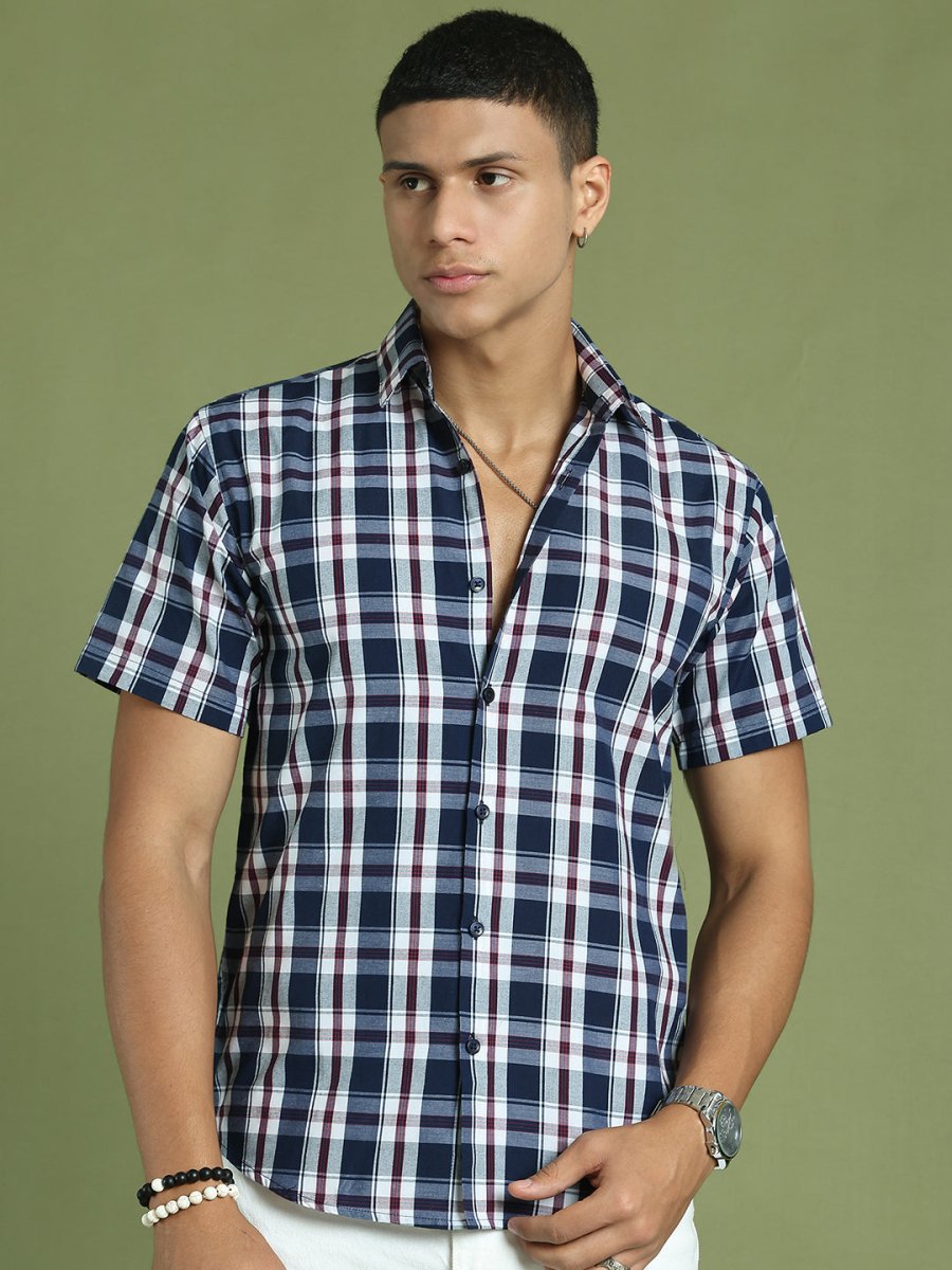 Indian Needle Men's Cotton Checked Half Sleeve Formal Shirts - SF_808Navy_S