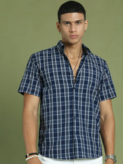 Indian Needle Men's Cotton Checked Half Sleeve Formal Shirts - SF_808Blue_S