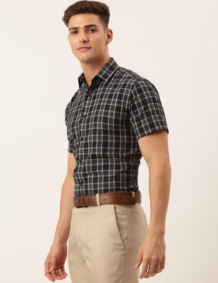 Indian Needle Men's Cotton Checked Half Sleeve Formal Shirts - SF_808Black_S