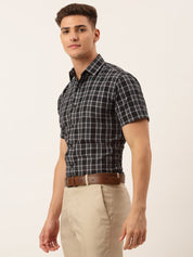 Indian Needle Men's Cotton Checked Half Sleeve Formal Shirts - SF_808Black_S