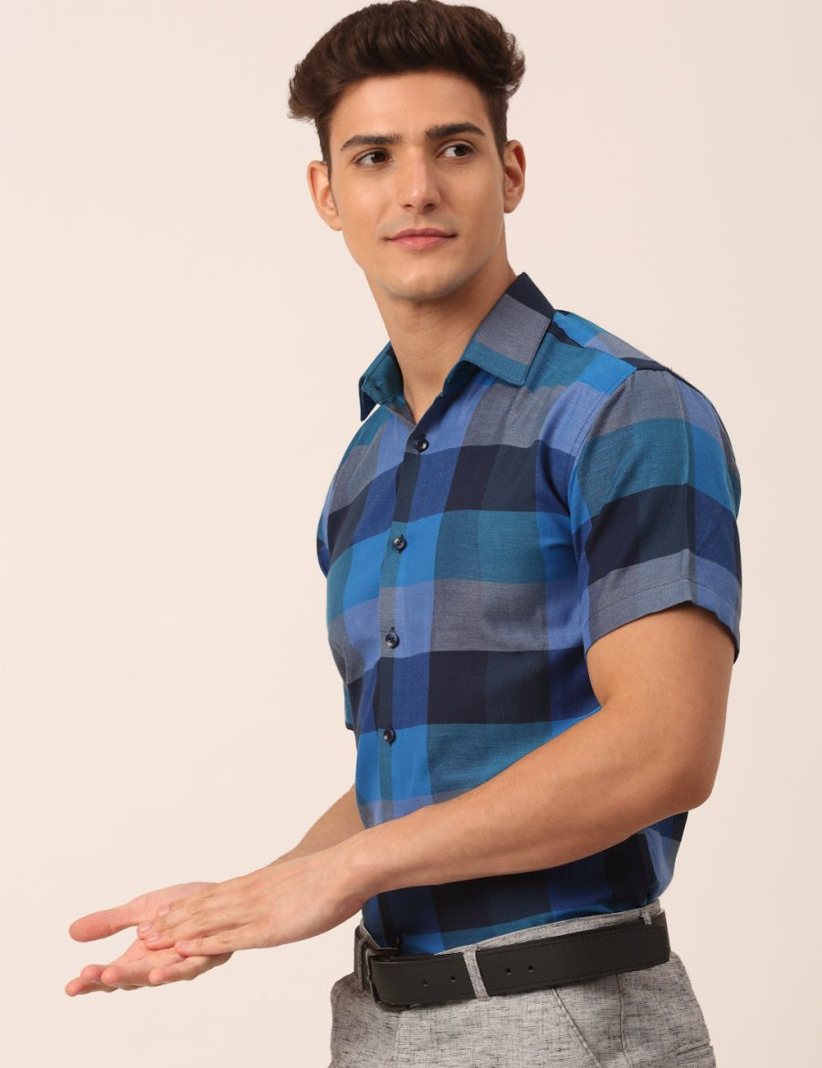 Indian Needle Men's Cotton Checked Half Sleeve Formal Shirts - SF_817Blue_S