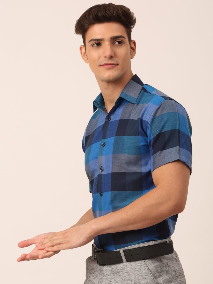 Indian Needle Men's Cotton Checked Half Sleeve Formal Shirts - SF_817Blue_S