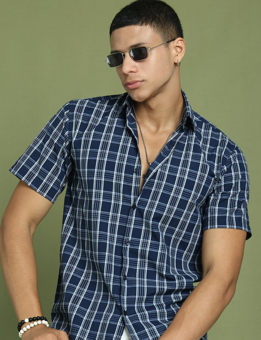 Indian Needle Men's Cotton Checked Half Sleeve Formal Shirts - SF_808Blue_S