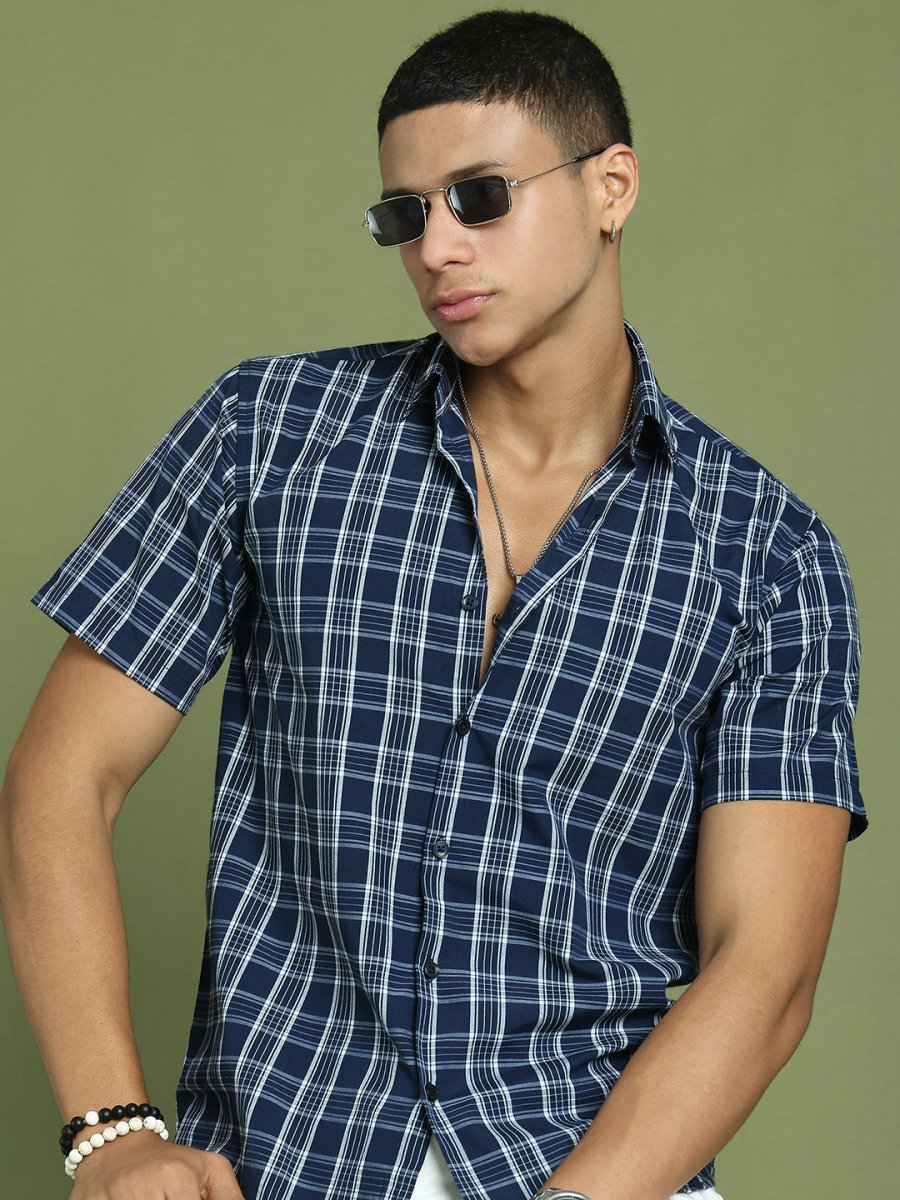 Indian Needle Men's Cotton Checked Half Sleeve Formal Shirts - SF_808Blue_S
