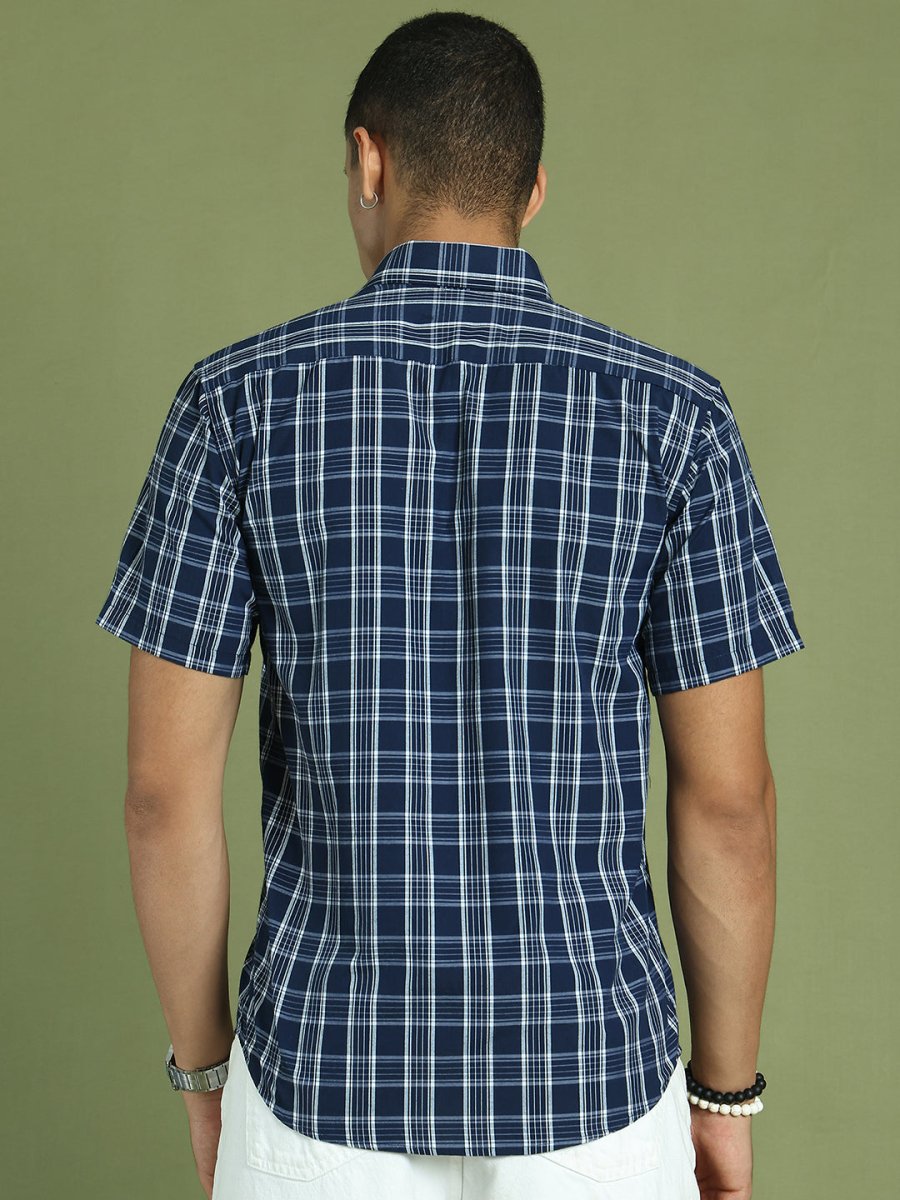 Indian Needle Men's Cotton Checked Half Sleeve Formal Shirts - SF_808Blue_S