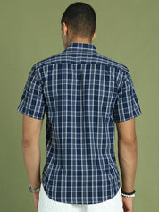 Indian Needle Men's Cotton Checked Half Sleeve Formal Shirts - SF_808Blue_S