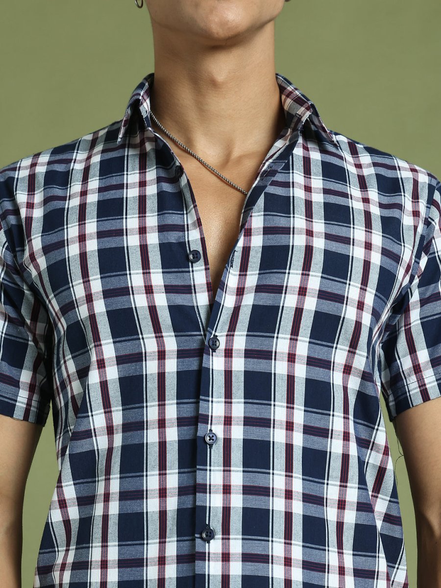 Indian Needle Men's Cotton Checked Half Sleeve Formal Shirts - SF_808Navy_S