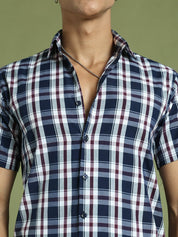 Indian Needle Men's Cotton Checked Half Sleeve Formal Shirts - SF_808Navy_S