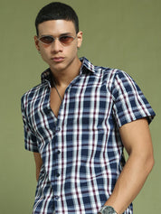 Indian Needle Men's Cotton Checked Half Sleeve Formal Shirts - SF_808Navy_S