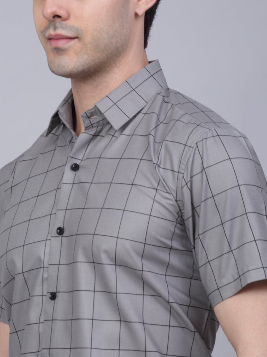 Indian Needle Men's Cotton Half Sleeve Checked Formal Shirts - SF_840Grey_S