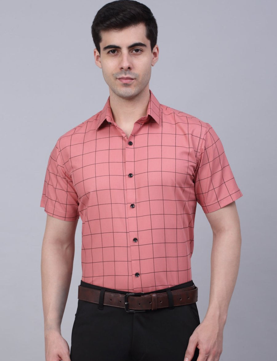 Indian Needle Men's Cotton Half Sleeve Checked Formal Shirts - SF_840Peach_S