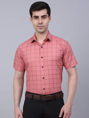 Indian Needle Men's Cotton Half Sleeve Checked Formal Shirts - SF_840Peach_S
