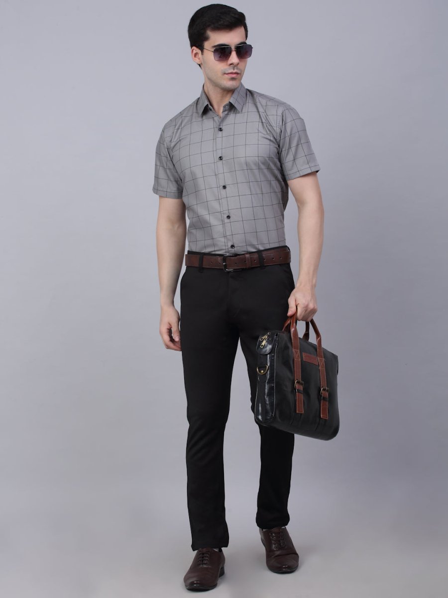 Indian Needle Men's Cotton Half Sleeve Checked Formal Shirts - SF_840Grey_S
