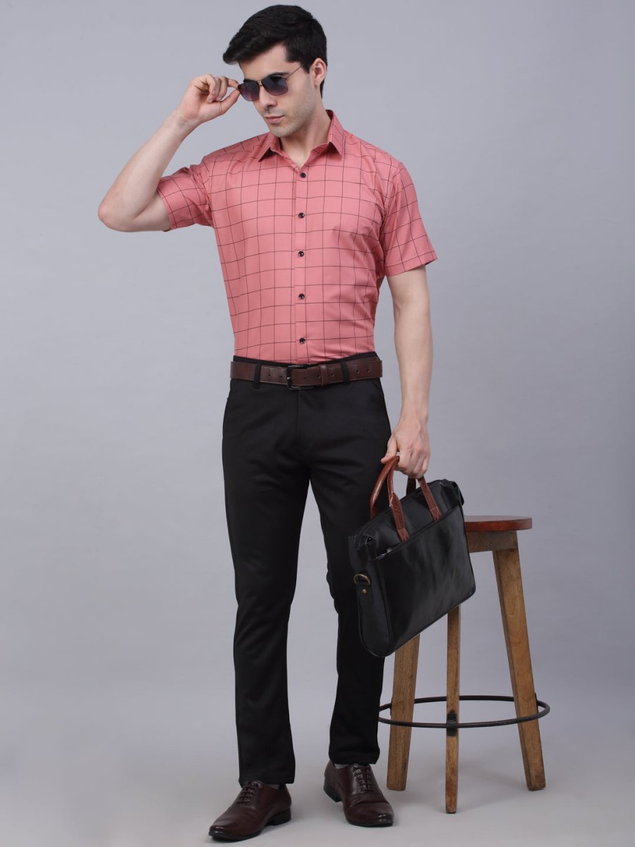 Indian Needle Men's Cotton Half Sleeve Checked Formal Shirts - SF_840Peach_S