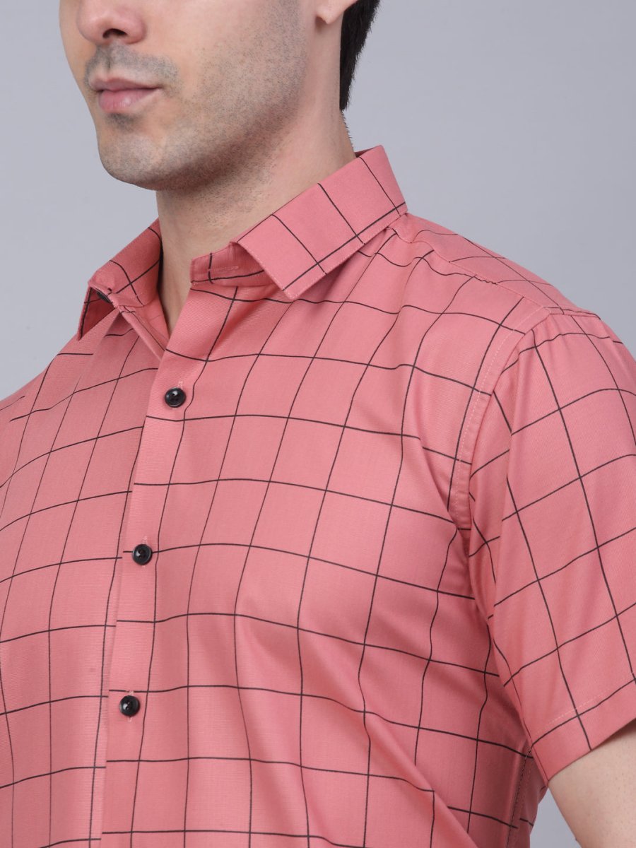 Indian Needle Men's Cotton Half Sleeve Checked Formal Shirts - SF_840Peach_S