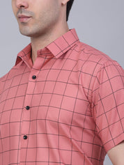 Indian Needle Men's Cotton Half Sleeve Checked Formal Shirts - SF_840Peach_S