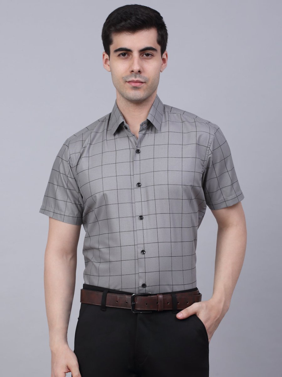 Indian Needle Men's Cotton Half Sleeve Checked Formal Shirts - SF_840Grey_S