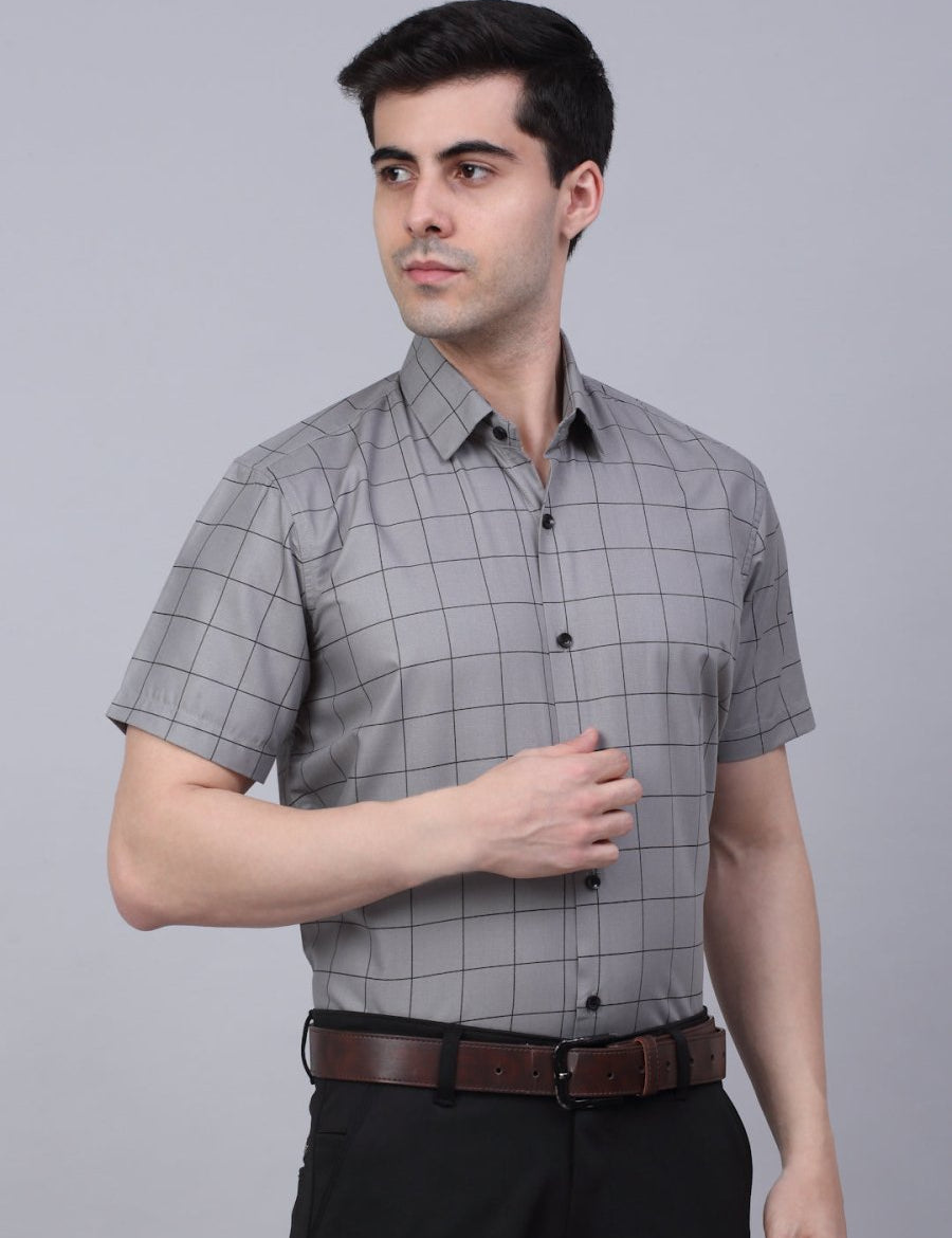 Indian Needle Men's Cotton Half Sleeve Checked Formal Shirts - SF_840Grey_S