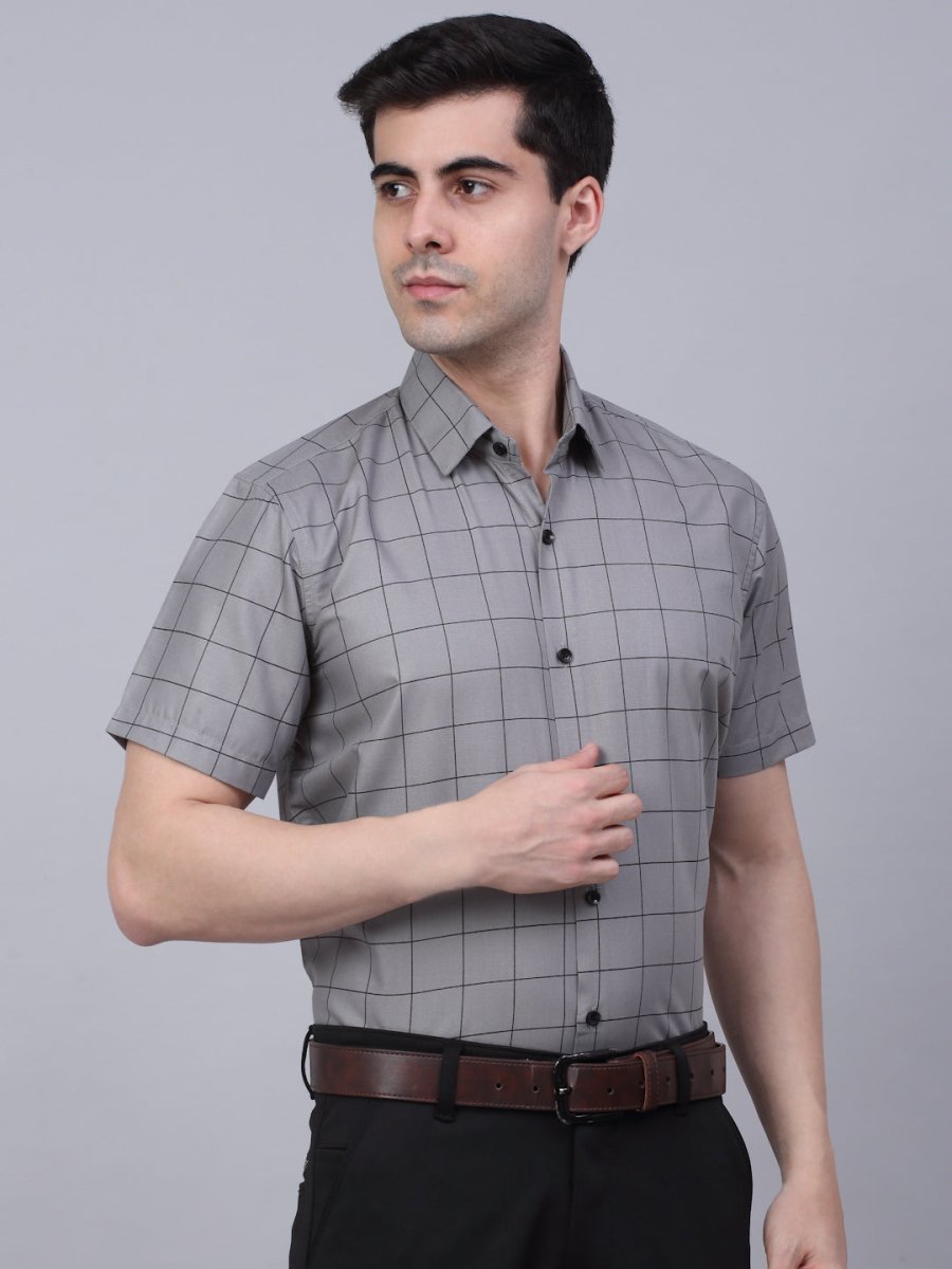 Indian Needle Men's Cotton Half Sleeve Checked Formal Shirts - SF_840Grey_S