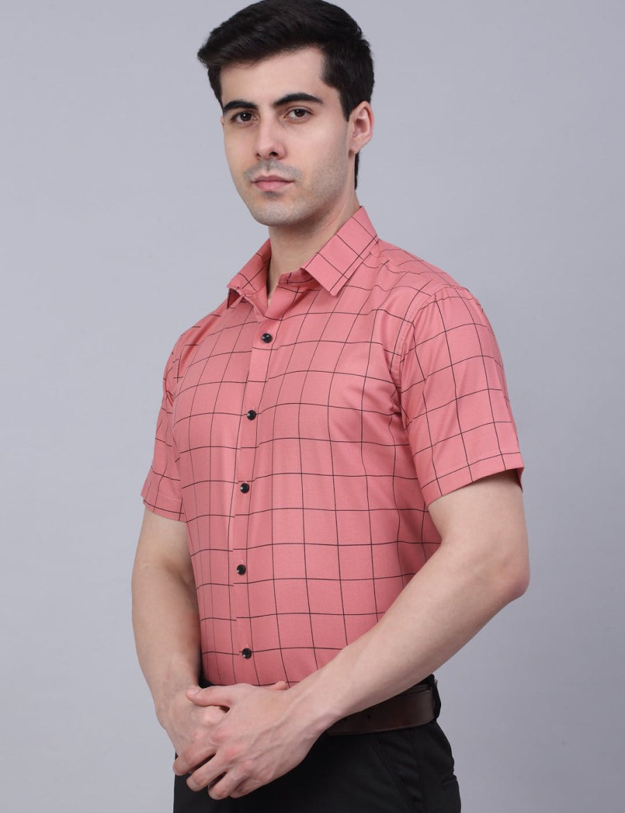 Indian Needle Men's Cotton Half Sleeve Checked Formal Shirts - SF_840Peach_S