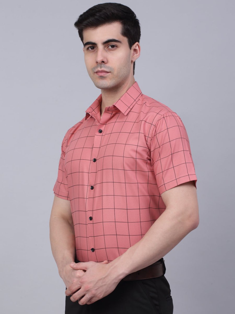 Indian Needle Men's Cotton Half Sleeve Checked Formal Shirts - SF_840Peach_S