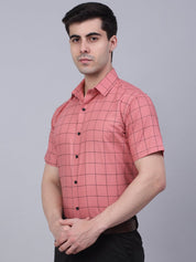 Indian Needle Men's Cotton Half Sleeve Checked Formal Shirts - SF_840Peach_S