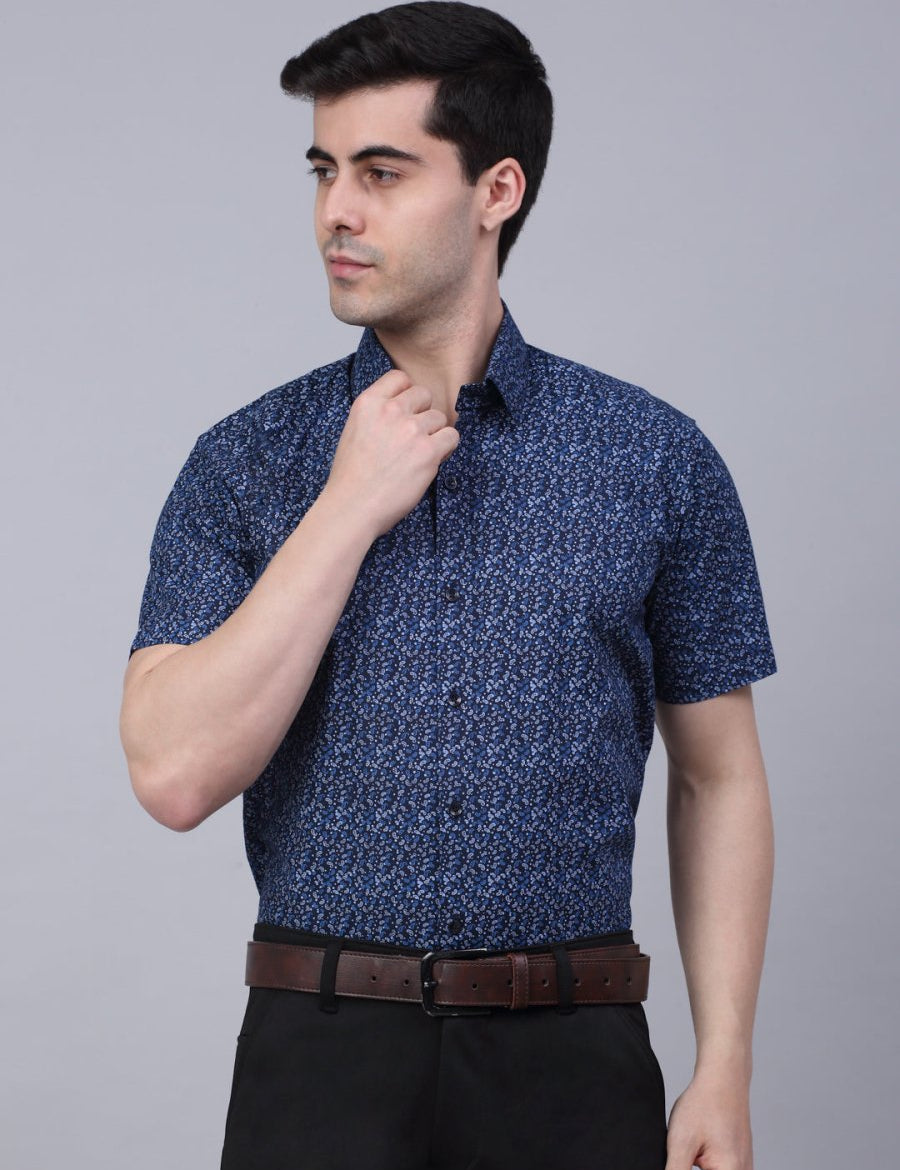 Indian Needle Men's Cotton Half Sleeve Printed Formal Shirts - SF_842Navy_S