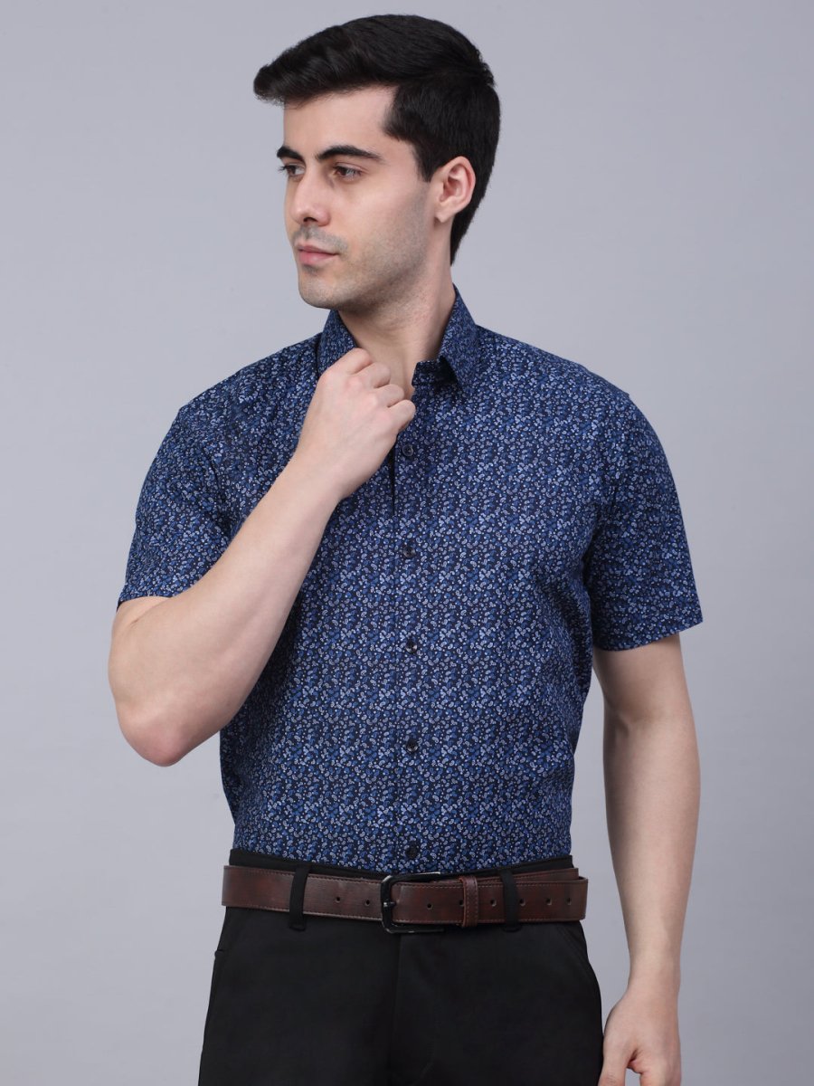 Indian Needle Men's Cotton Half Sleeve Printed Formal Shirts - SF_842Navy_S