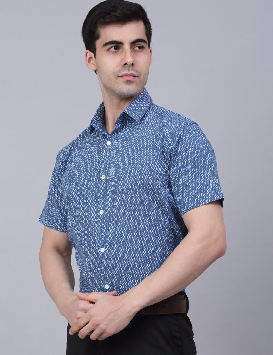 Indian Needle Men's Cotton Half Sleeve Printed Formal Shirts - SF_842Blue_S