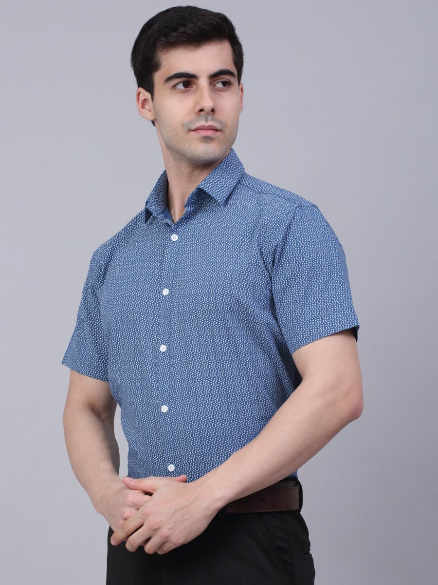 Indian Needle Men's Cotton Half Sleeve Printed Formal Shirts - SF_842Blue_S