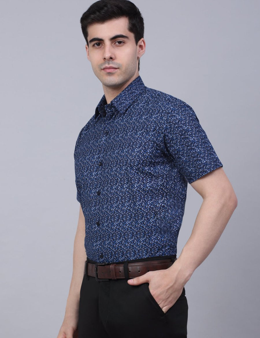 Indian Needle Men's Cotton Half Sleeve Printed Formal Shirts - SF_842Navy_S