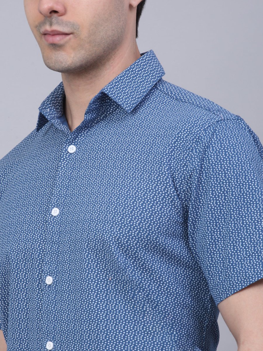 Indian Needle Men's Cotton Half Sleeve Printed Formal Shirts - SF_842Blue_S