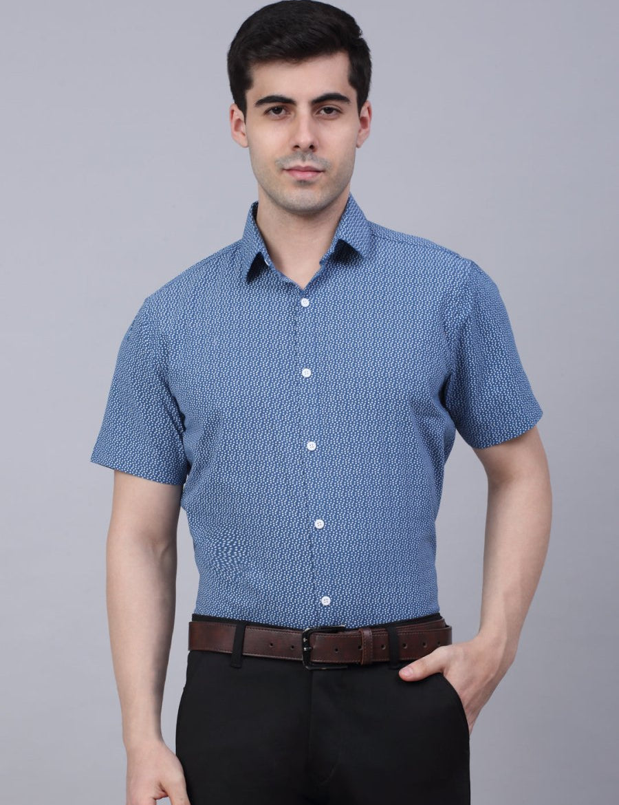 Indian Needle Men's Cotton Half Sleeve Printed Formal Shirts - SF_842Blue_S
