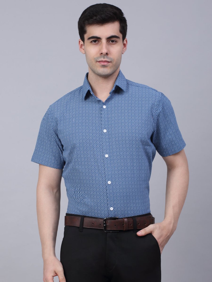 Indian Needle Men's Cotton Half Sleeve Printed Formal Shirts - SF_842Blue_S