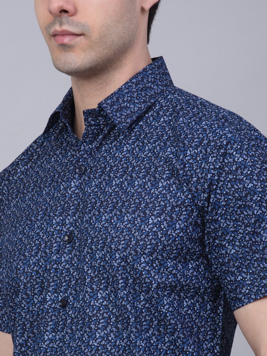 Indian Needle Men's Cotton Half Sleeve Printed Formal Shirts - SF_842Navy_S